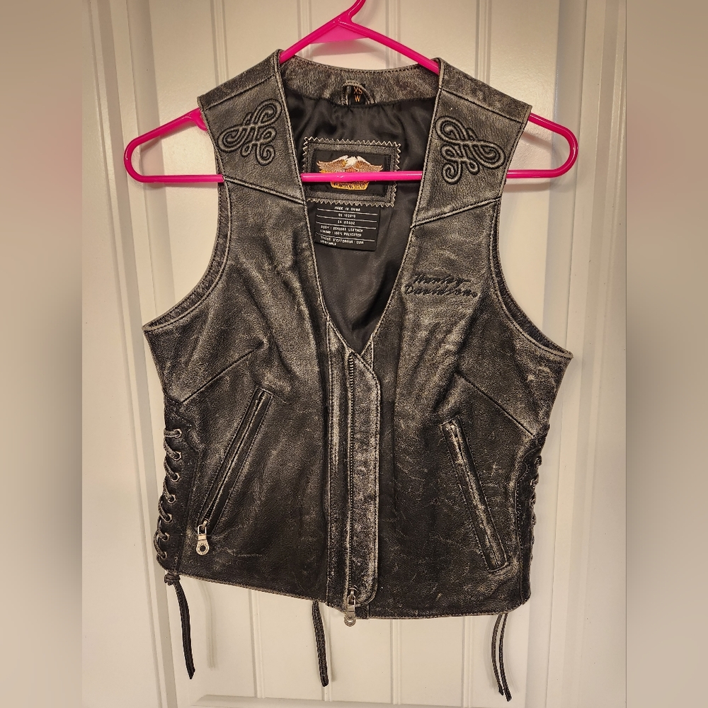 Harley Davidson Woman's XS Leather Vest Black/Grey